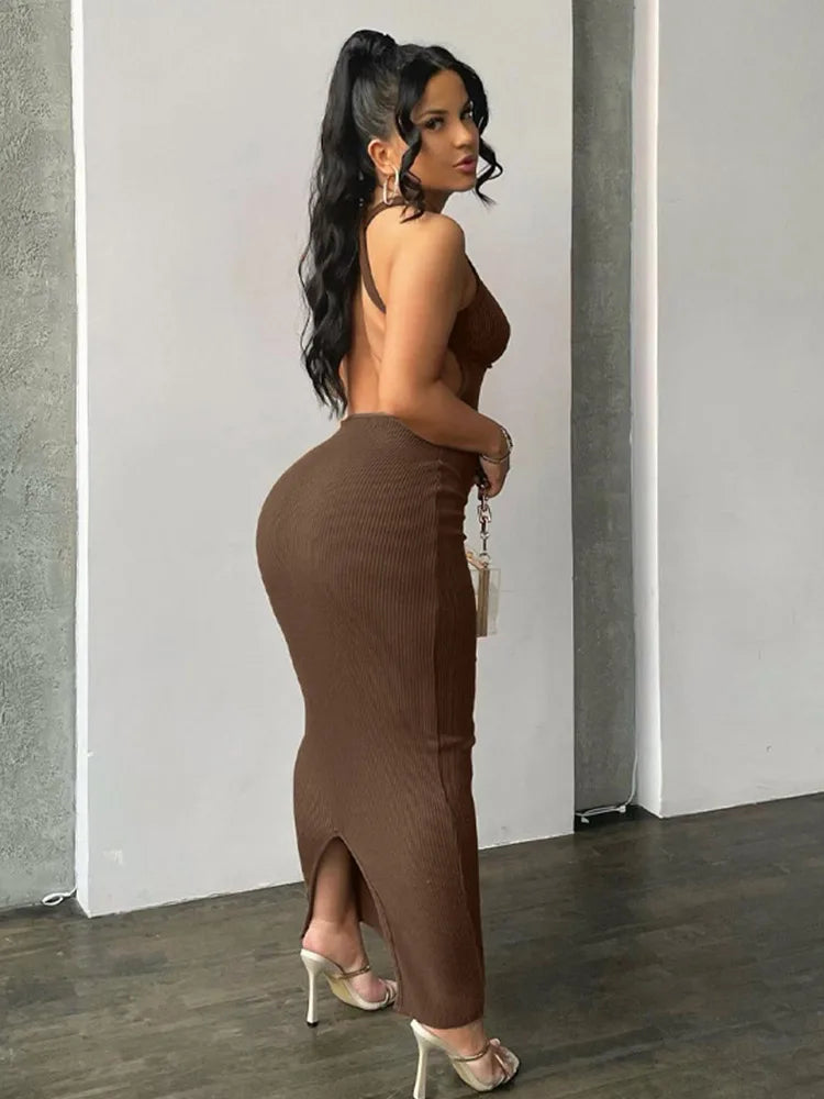 Hollow Out Ribbed Slit Summer Midi Dress