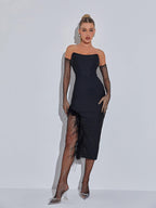 Esperanza Strapless Feather Bandage Dress In Black