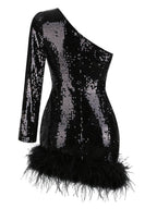 Romy One Shoulder Sequin Feather Mini Dress