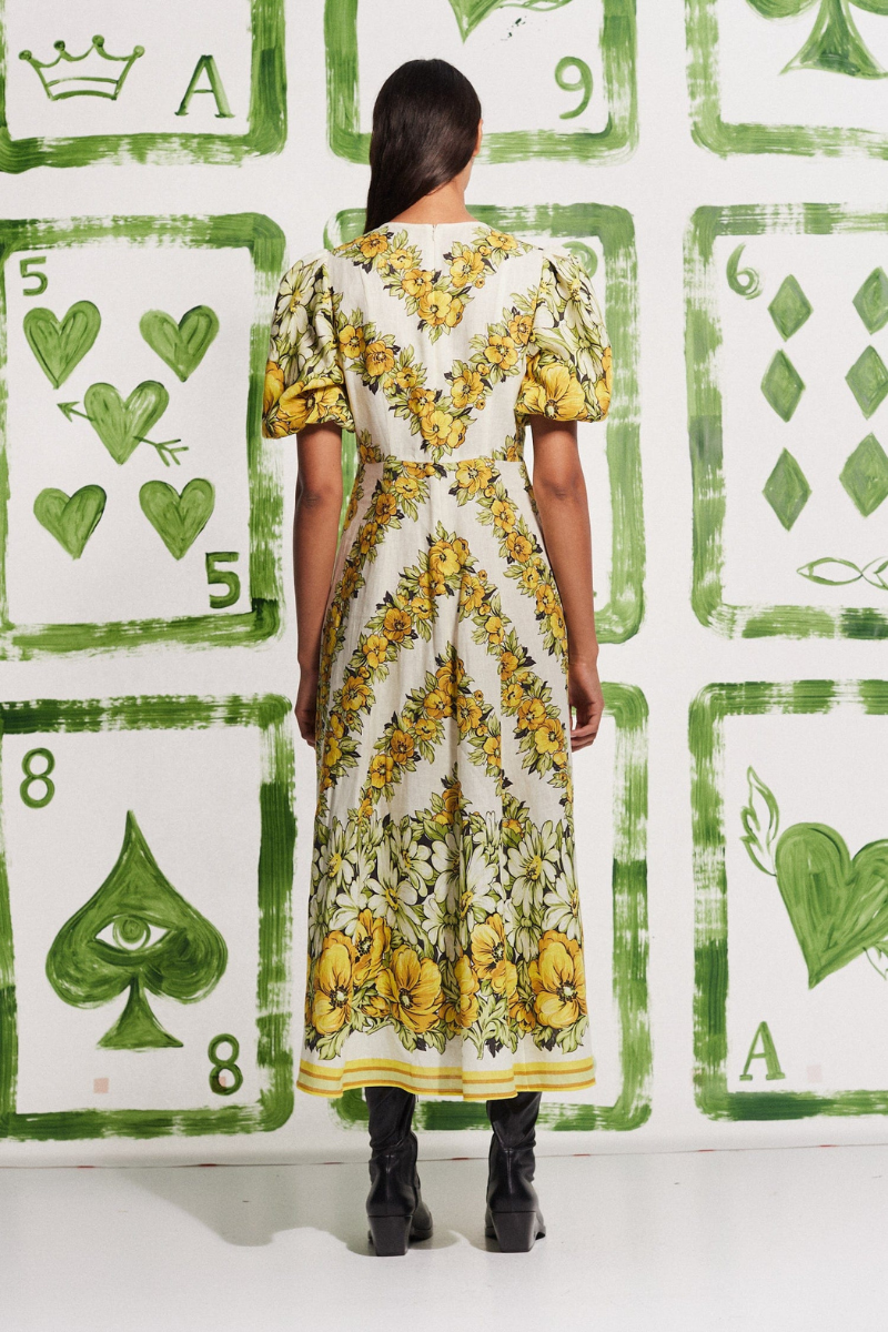 Sofía Effortless Yellow Round Neck Maxi Dress with Floral Print Boutique Collection
