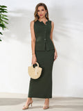 Round Neck Placket Button Top&Placket Button Decoration Bodycon Set