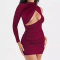 Round Neck Long Sleeved Dress Fall Cutout Pleated Hip