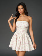 Ruched Bow Tie Back Floral Print Tube Dress
