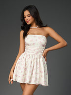 Ruched Bow Tie Back Floral Print Tube Dress