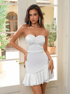 Ruched Bust Asymmetrical Hem Zipper Satin Tube Dress