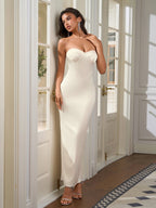 Ruched Bust Split Back Zipper Satin Tube Dress