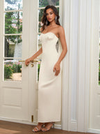 Ruched Bust Split Back Zipper Satin Tube Dress