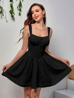 Ruched Bust Tie Front Pleated Hem Cami Dress