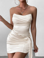 Ruched Bustier Embellished Hem Satin Tube Dress