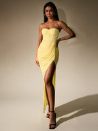 Ruched Corset Split Hem Mesh Tube Dress