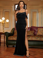 Ruched Draped Sleeve Slit Hem Velvet Dress