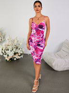 Ruched Floral Print Backless Bodycon Cami Dress