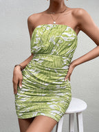 Ruched Mesh Floral Print Tube Dress