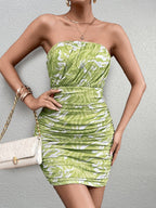 Ruched Mesh Floral Print Tube Dress