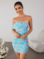 Ruched Off Shoulder Floral Print Mesh Tube Dress