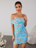 Ruched Off Shoulder Floral Print Mesh Tube Dress