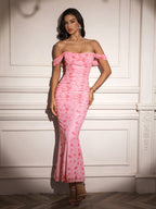 Ruched Off Shoulder Zipper Back Floral Bodycon Dress