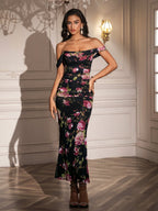 Ruched Off Shoulder Zipper Back Floral Bodycon Dress