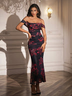 Ruched Off Shoulder Zipper Back Floral Bodycon Dress