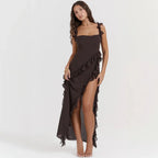 Ruffles Elegant Maxi Dresses Backless Split Sexy Chiffon Long Party Dress