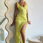 Ruffles Elegant Maxi Dresses Backless Split Sexy Chiffon Long Party Dress
