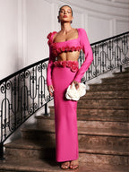 Flower Bandage Skirt Set In Hot Pink