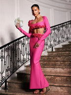Flower Bandage Skirt Set In Hot Pink