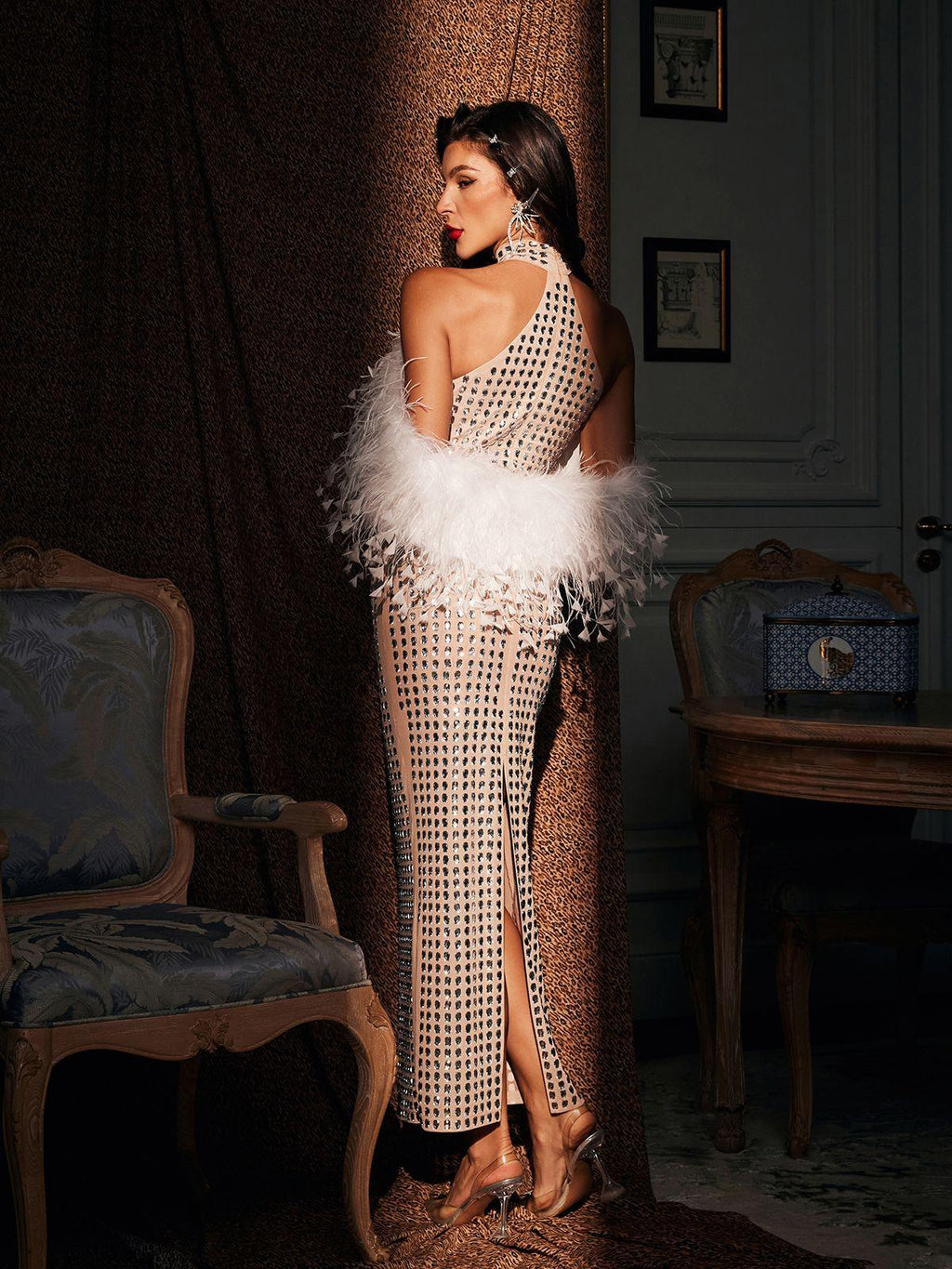 Halterneck Rhinestone Feather Maxi Dress
