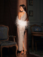 Halterneck Rhinestone Feather Maxi Dress