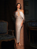 Halterneck Rhinestone Feather Maxi Dress