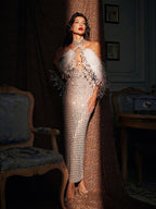 Halterneck Rhinestone Feather Maxi Dress