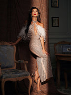 Halterneck Rhinestone Feather Maxi Dress