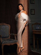 Halterneck Rhinestone Feather Maxi Dress