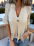 One Button Hollow Knit Tops