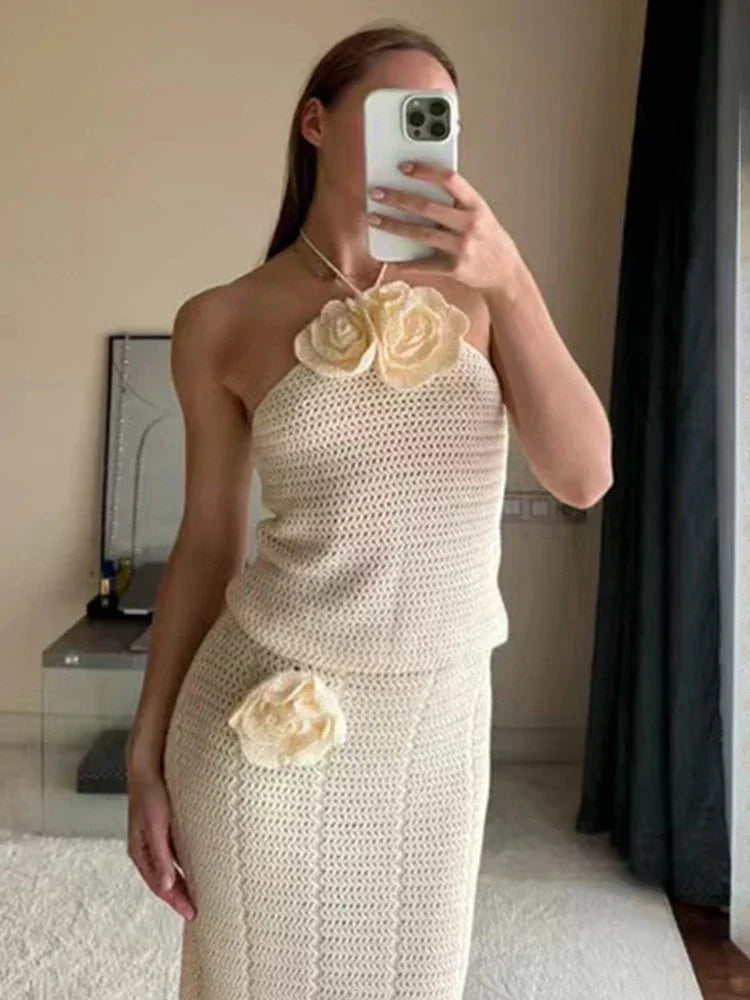 Knitted Crochet Slim Halter Beachwear Cover - Up Dress