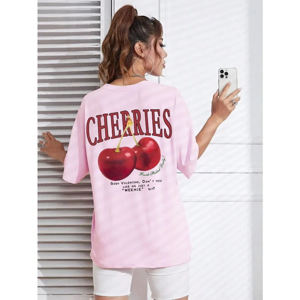 Cherry Print Loose Cotton Tshirt