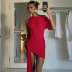 Oblique - Shoulder Backless Irregular Draped Dress