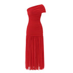 One Shoulder Mesh Solid Maxi Dress