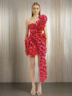 Solid Ruffles One Shoulder Strips Prom Mini Dress