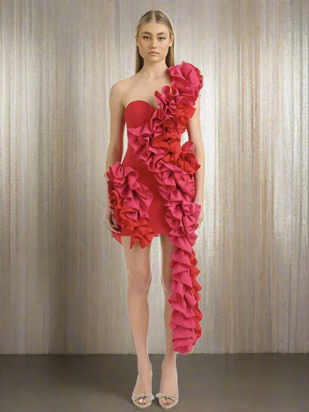 Solid Ruffles One Shoulder Strips Prom Mini Dress