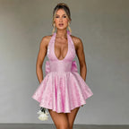 Women's Bow Deep V Halter Backless A - line Dress