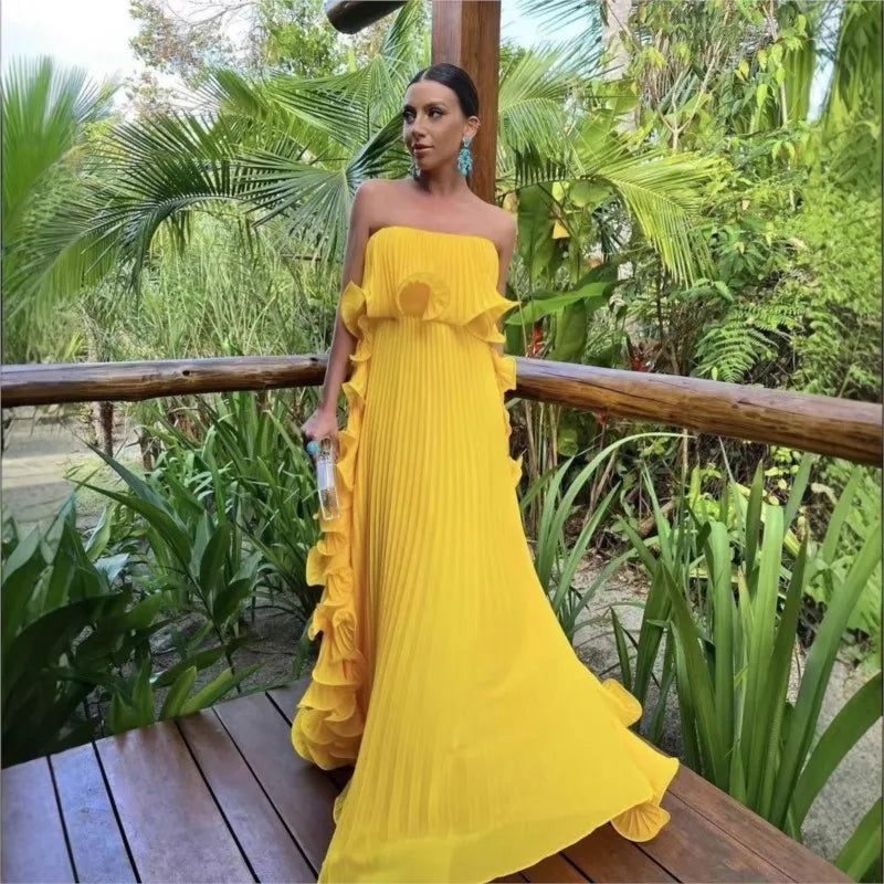 Pleated Chiffon Long Ruffled Strapless Dress