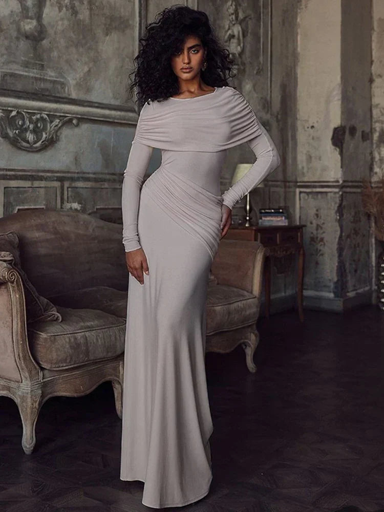 Solid Long Sleeve Irregular Splice Long Dress