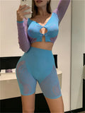 Diamond Off Shoulder Hollow Long Sleeve Top Two Piece Shorts Set