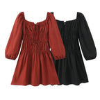 Bow Square Collar Puff Long Sleeve Elastic Waist Mini Dress