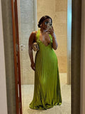 Pleated Hollow Out Halter Neck Long Dress