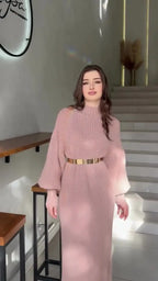 Turtleneck Pullover Solid Sweater Dress With Belt