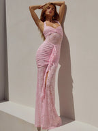 Lace Satin Halter Ruched Maxi Dress