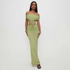 Off - shoulder Strapless Green Lace Sheer Long Dress