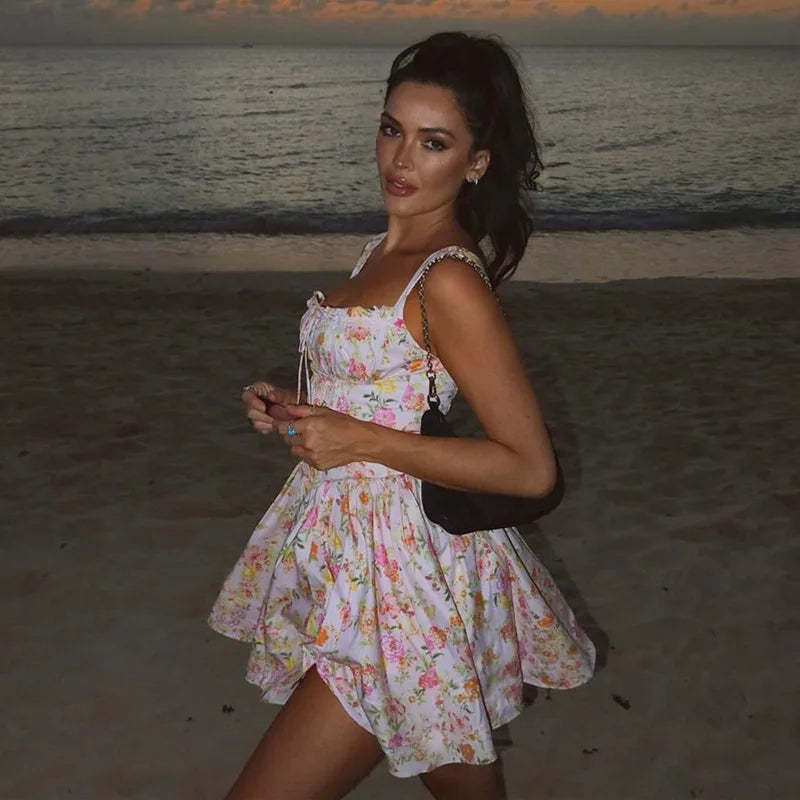 Flower Printed Open Back A - line Corset Mini Dress